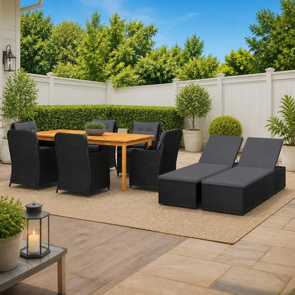 9 Piece Outdoor Dining Set Black Acacia Wood Steel Rattan Chairs Table Cushions