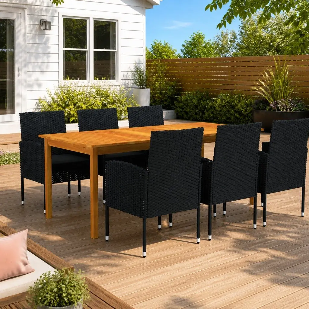 7 Piece Garden Dining Set Outdoor Table Chairs Acacia Wood Black