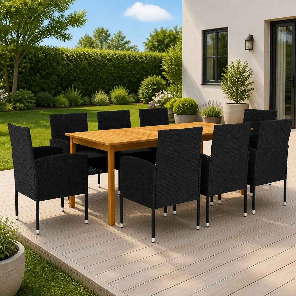9 Piece Garden Dining Set Outdoor Table Chairs Acacia Wood PE Rattan Black
