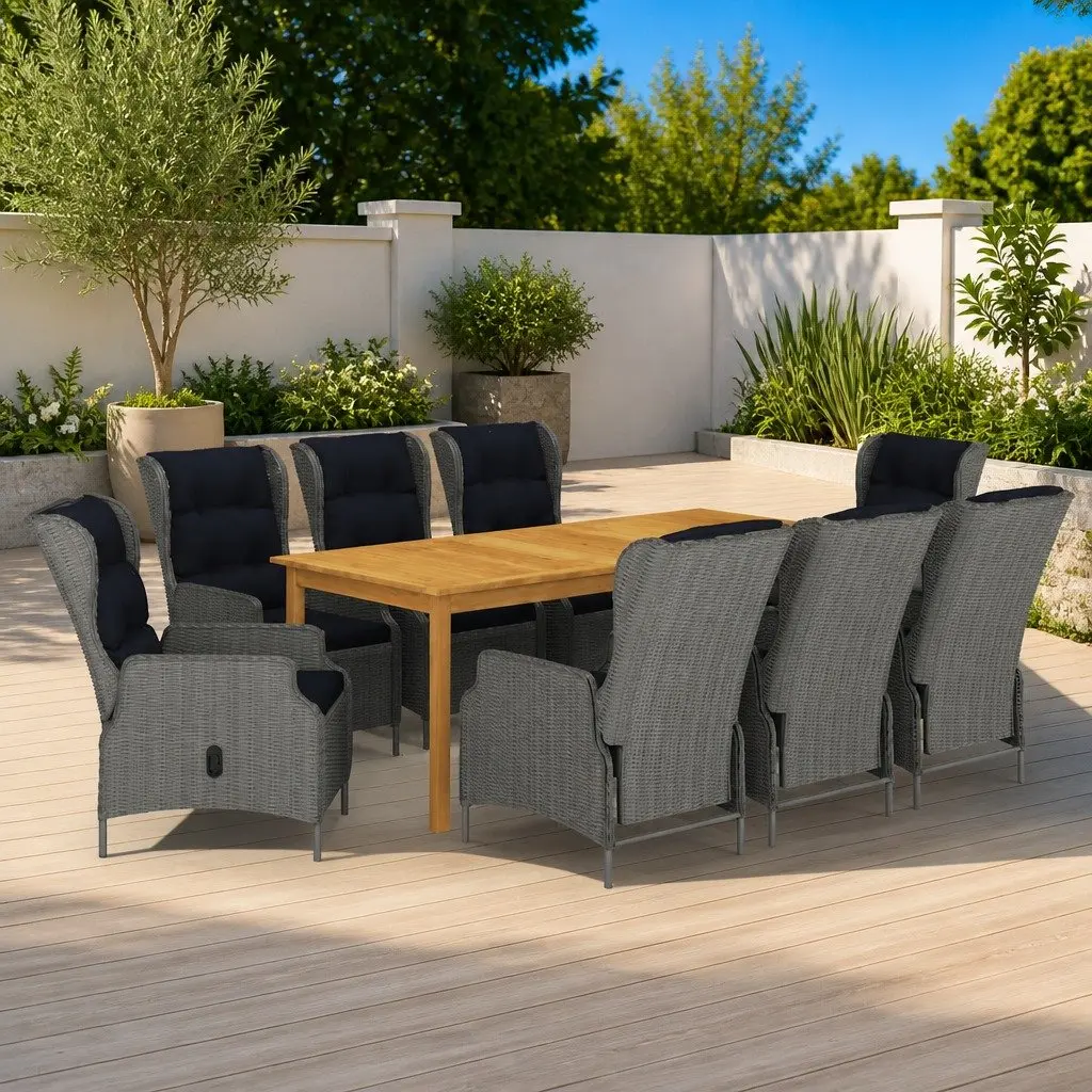 9 Piece Garden Dining Set Acacia Wood Table Steel Rattan Chairs Grey Outdoor