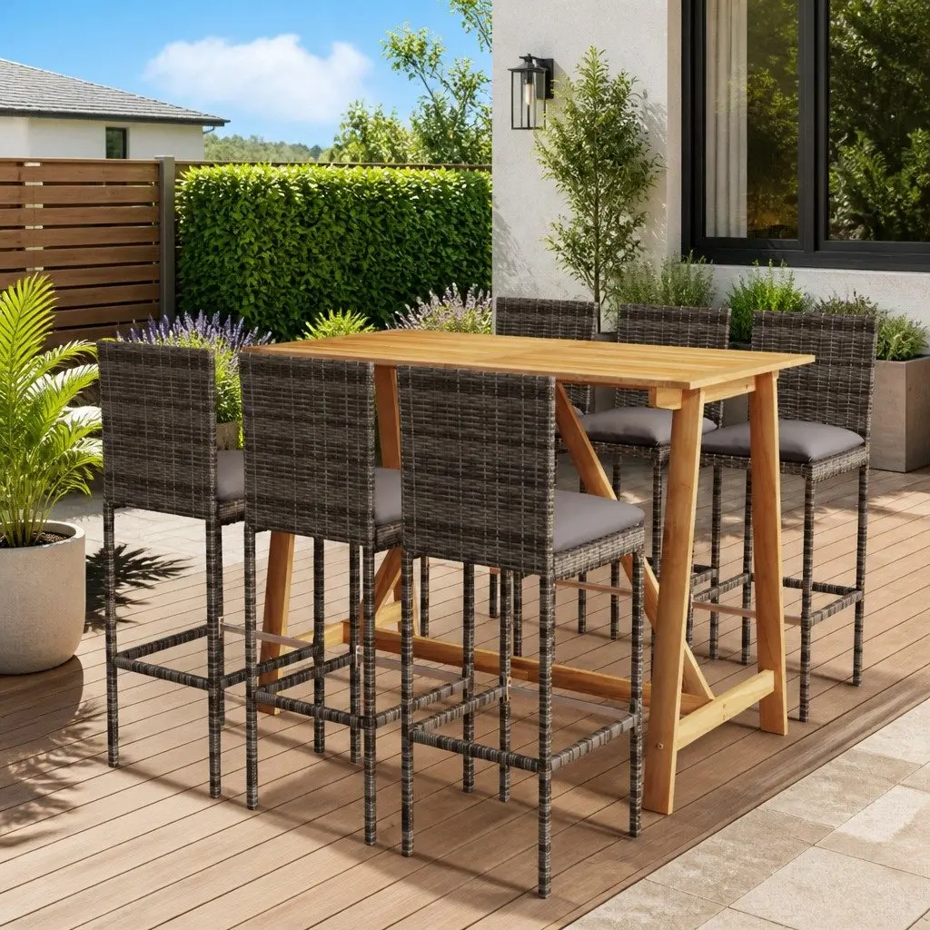 7 Piece Garden Bar Set Outdoor Patio Furniture Table Stool Cushions Grey
