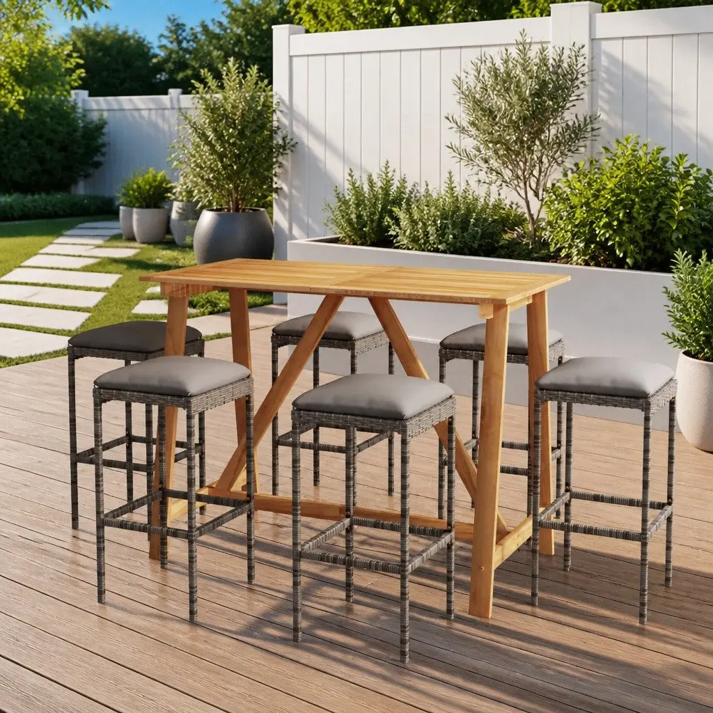 7 Piece Garden Bar Set Grey with Cushions