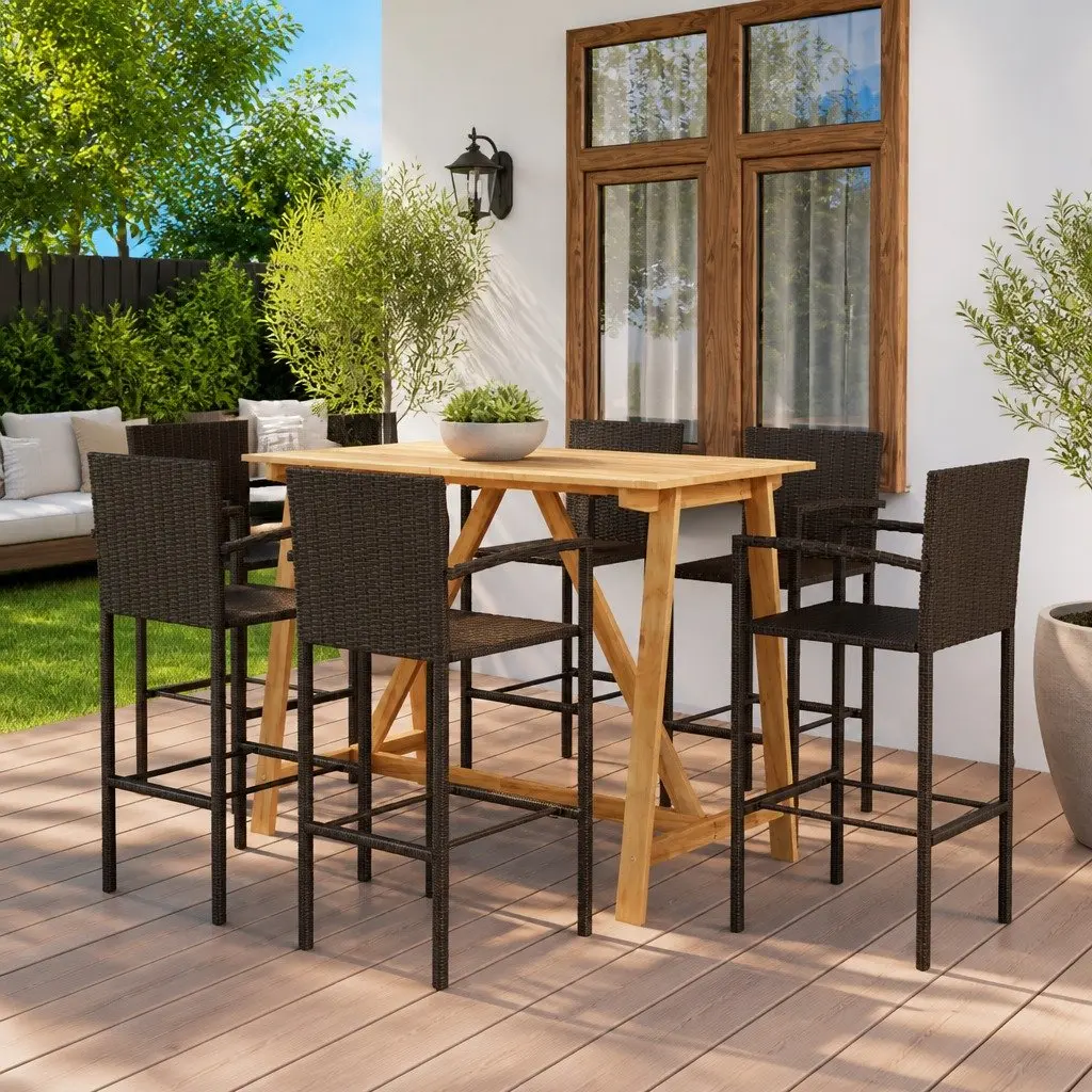 7 Piece Brown Bar Set with Acacia Wood