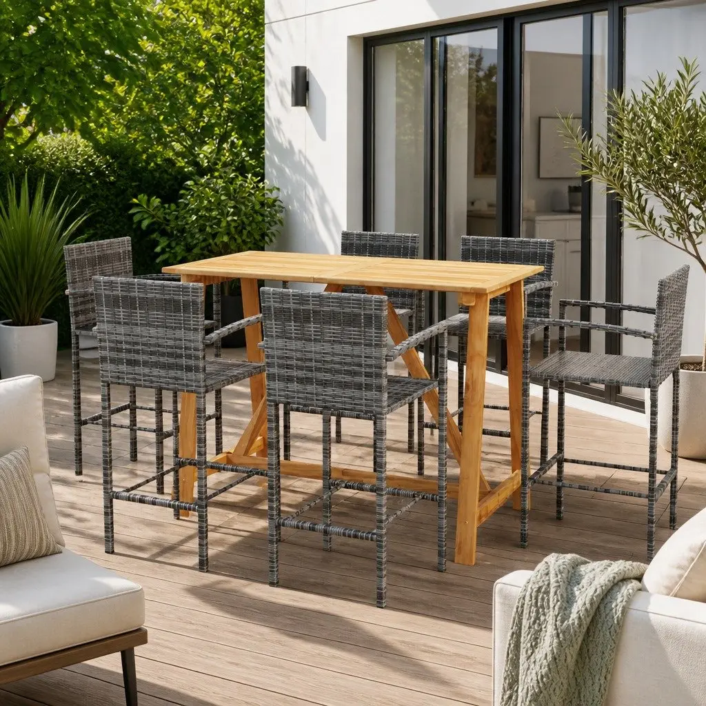 7 Piece Garden Bar Set Grey Outdoor Patio Furniture Table Stools Rattan