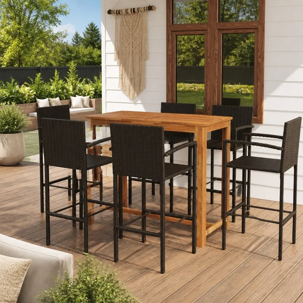 Garden Bar Set Outdoor Furniture 7 Piece Patio Dining Table Stools Brown