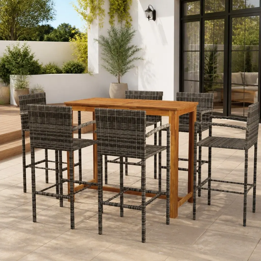 Outdoor Patio Furniture Set 7 Piece Grey Rattan Bar Stools and Table for Garden