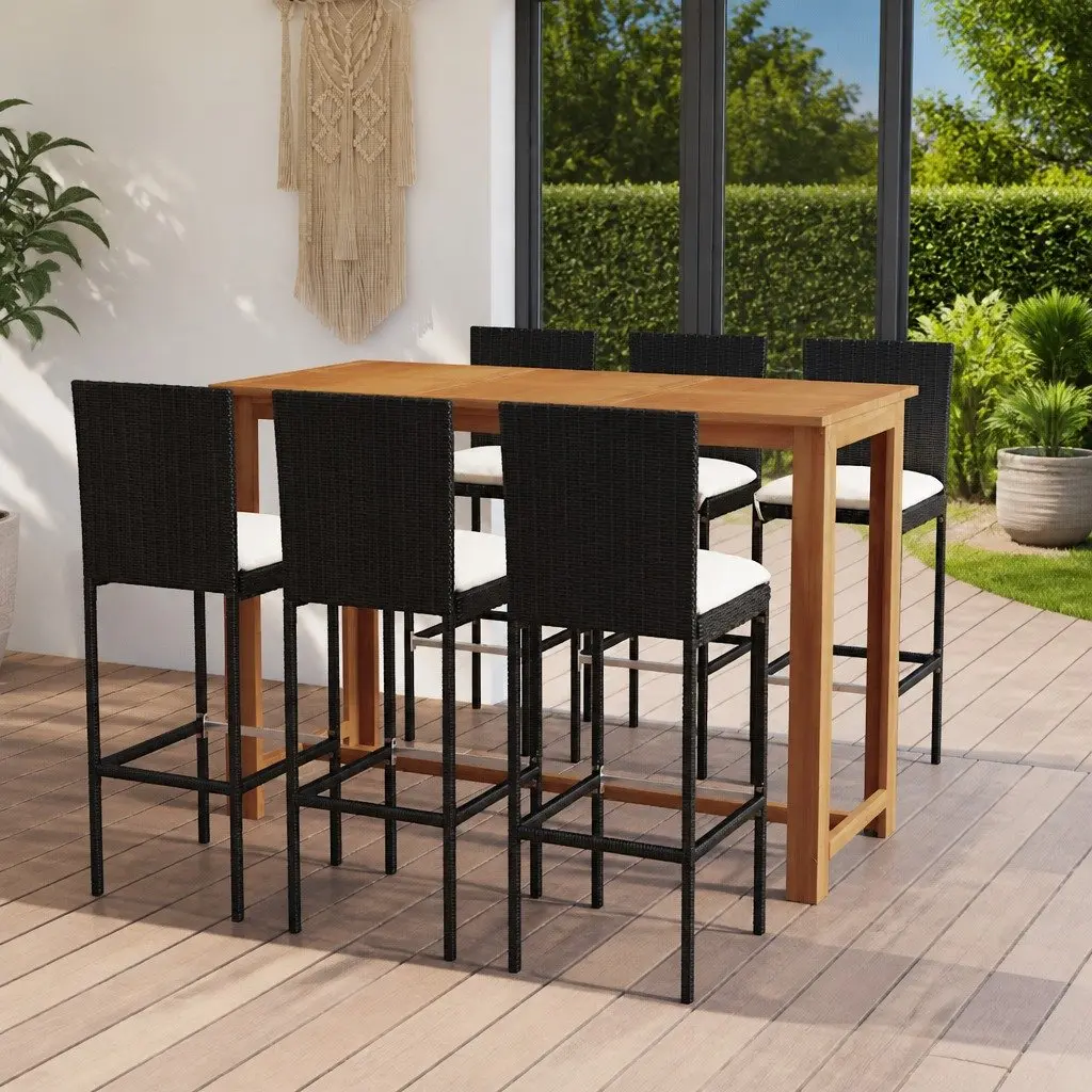 7 Piece Garden Bar Set Outdoor Patio Furniture Table Stools Black
