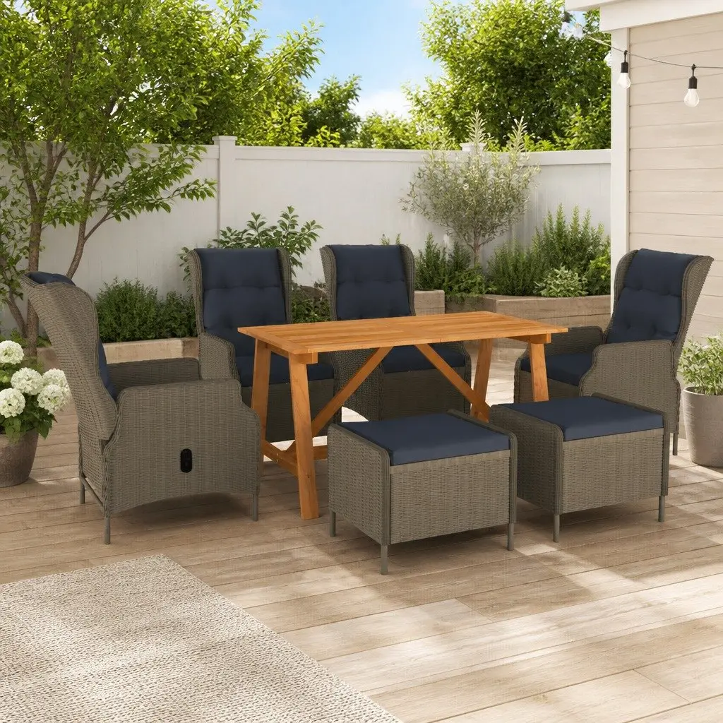 Outdoor 7 Piece Dining Set Garden Table and Chairs Brown Acacia Wood and PE Rattan with Cushions