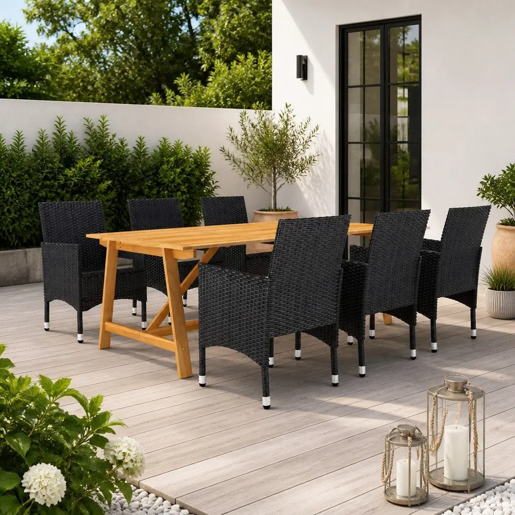 7 Piece Garden Dining Set Outdoor Table Chairs Black Rattan PE Patio Furniture