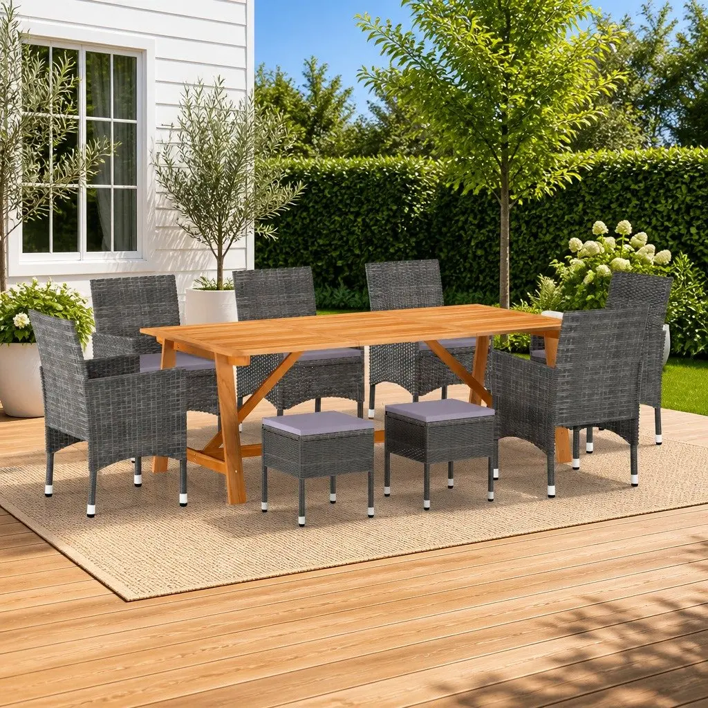 Garden Dining Set 9 Piece Outdoor Table Chairs Stools Grey