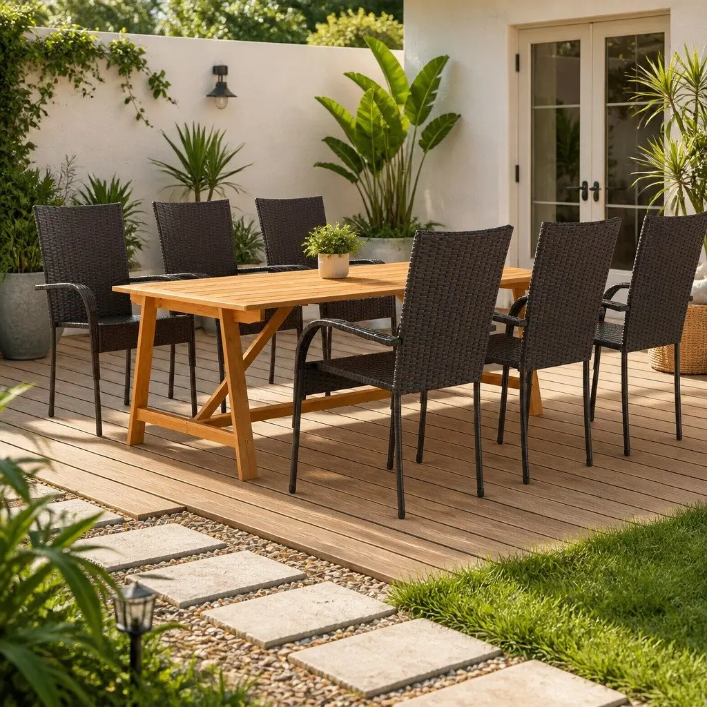 7 Piece Garden Dining Set Outdoor Furniture Table Chairs Brown Acacia Wood