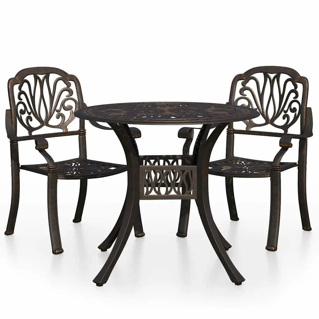 3 Piece Bistro Set Cast Aluminium Outdoor Garden Patio Table Brown Chairs