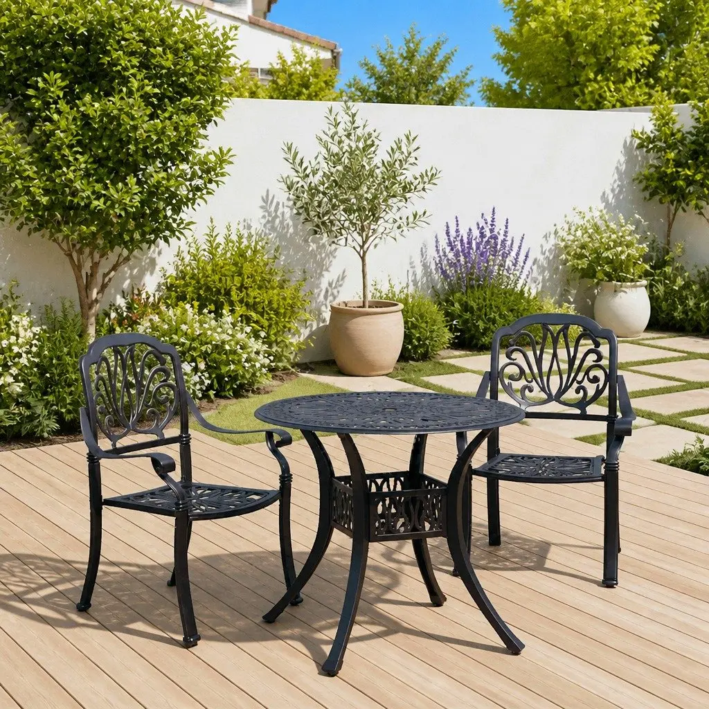 Outdoor Bistro Set 3 Piece Black Cast Aluminium Garden Furniture Patio Table