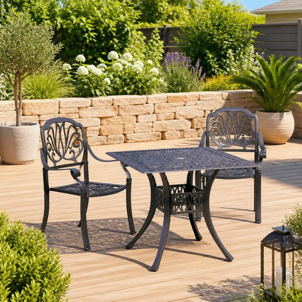 3 Piece Bistro Set Outdoor Seating Cast Aluminium Black Table Chairs Umbrella Hole
