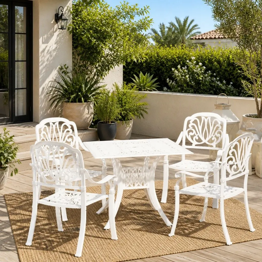 5 Piece Outdoor Bistro Set Cast Aluminium White Patio Furniture Table Chairs