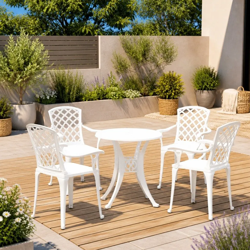 5 Piece Bistro Set Outdoor Dining Chairs Table Cast Aluminium White