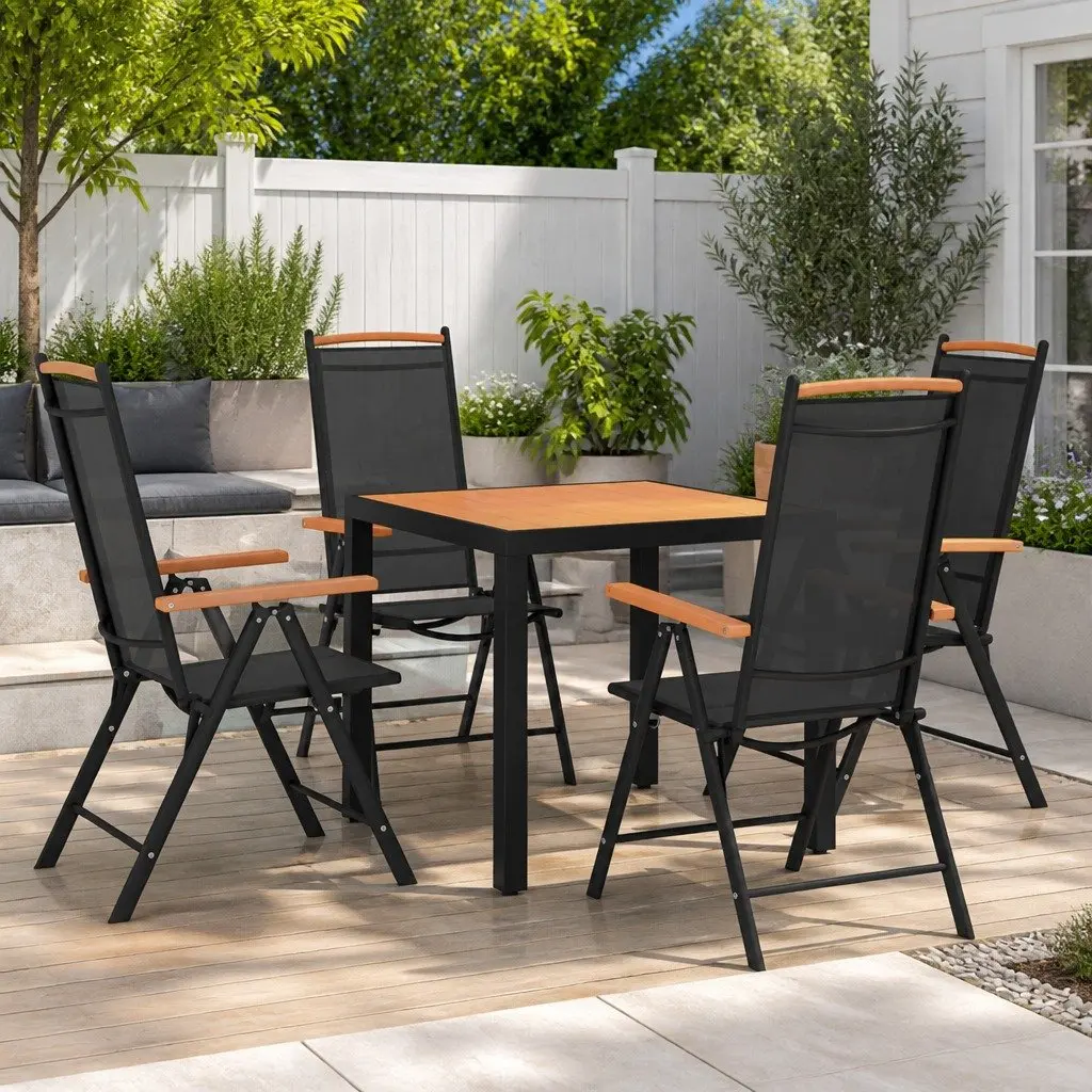 5 Piece Outdoor Garden Dining Set Black Aluminium Frame Folding Chairs Table