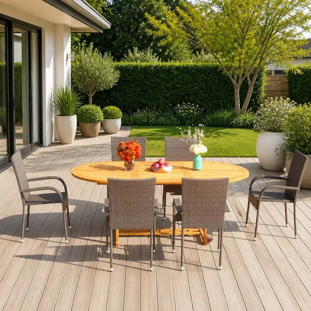 Garden Dining Set 7 Piece Outdoor Table Chairs Poly Rattan Brown Acacia Wood