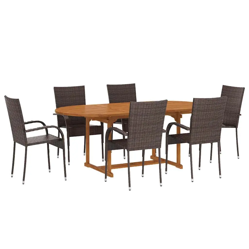 Garden Dining Set 7 Piece Outdoor Table Chairs Poly Rattan Brown Acacia Wood