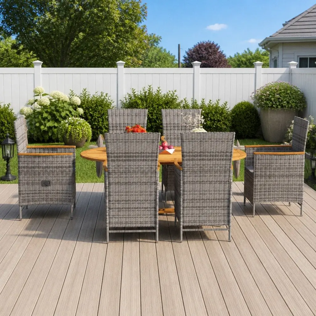 Outdoor Dining Set 7 Piece Garden Furniture Steel Frame PE Rattan Grey Chairs