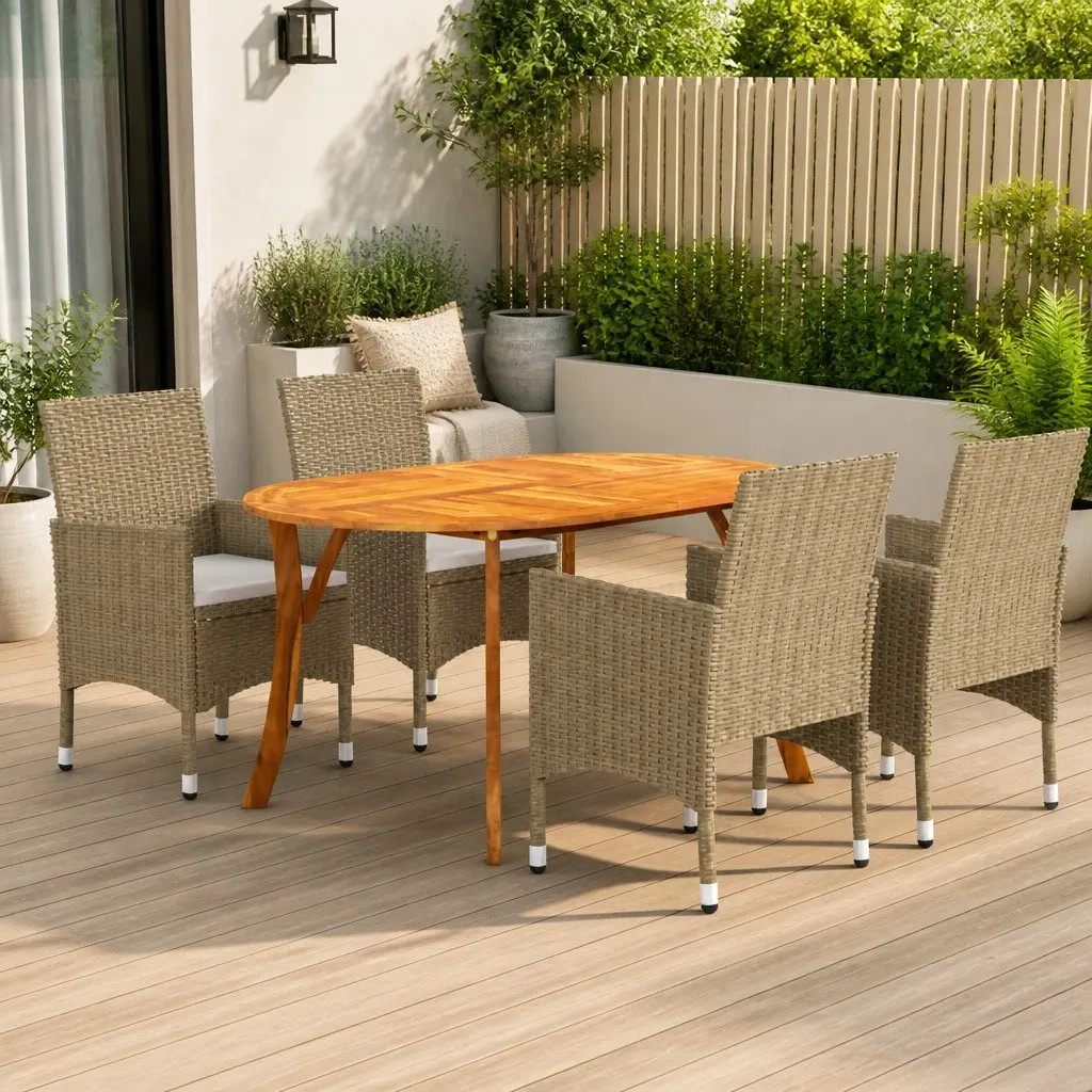 Garden Dining Set Outdoor Table Chairs 5 Piece Beige Rattan Cushioned