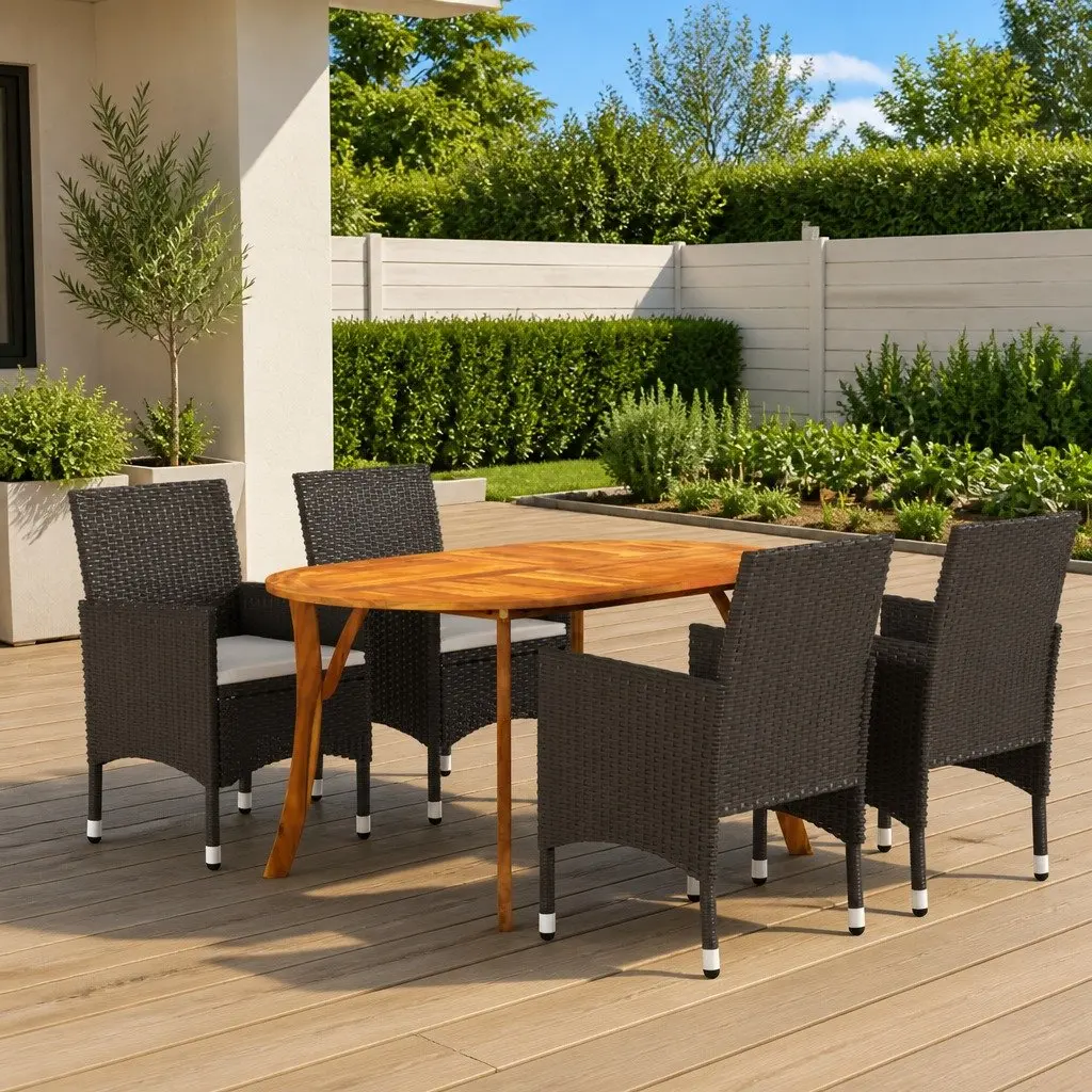 5 Piece Garden Dining Set Outdoor Acacia Wood Table Rattan Chairs Brown