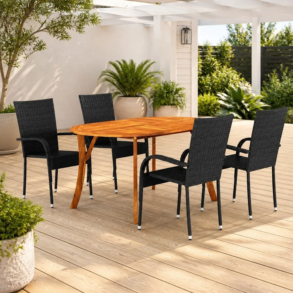 Outdoor Dining Set 5 Piece Black Weather Resistant PE Rattan Acacia Wood Table and Steel Frame Chairs