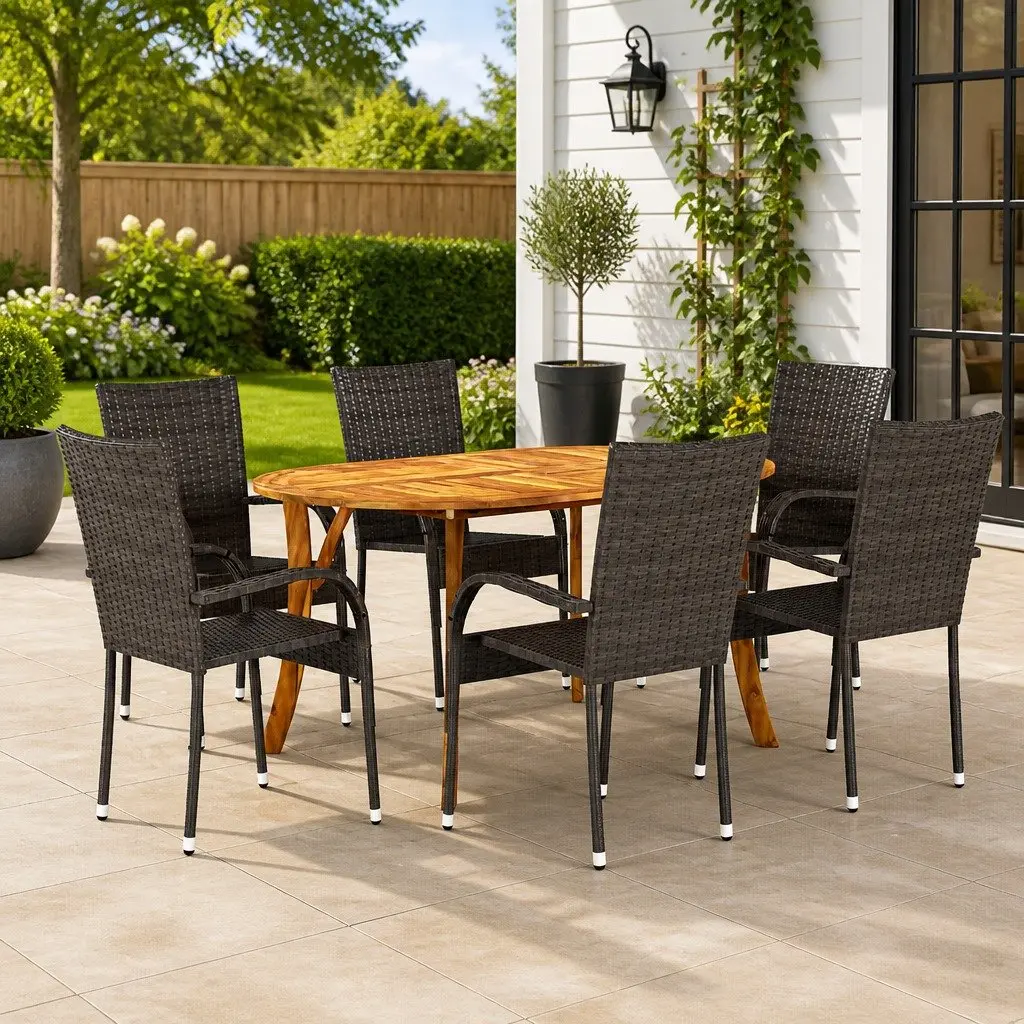 Outdoor Furniture Set Rattan Chairs Acacia Wood Table Brown 7 Piece