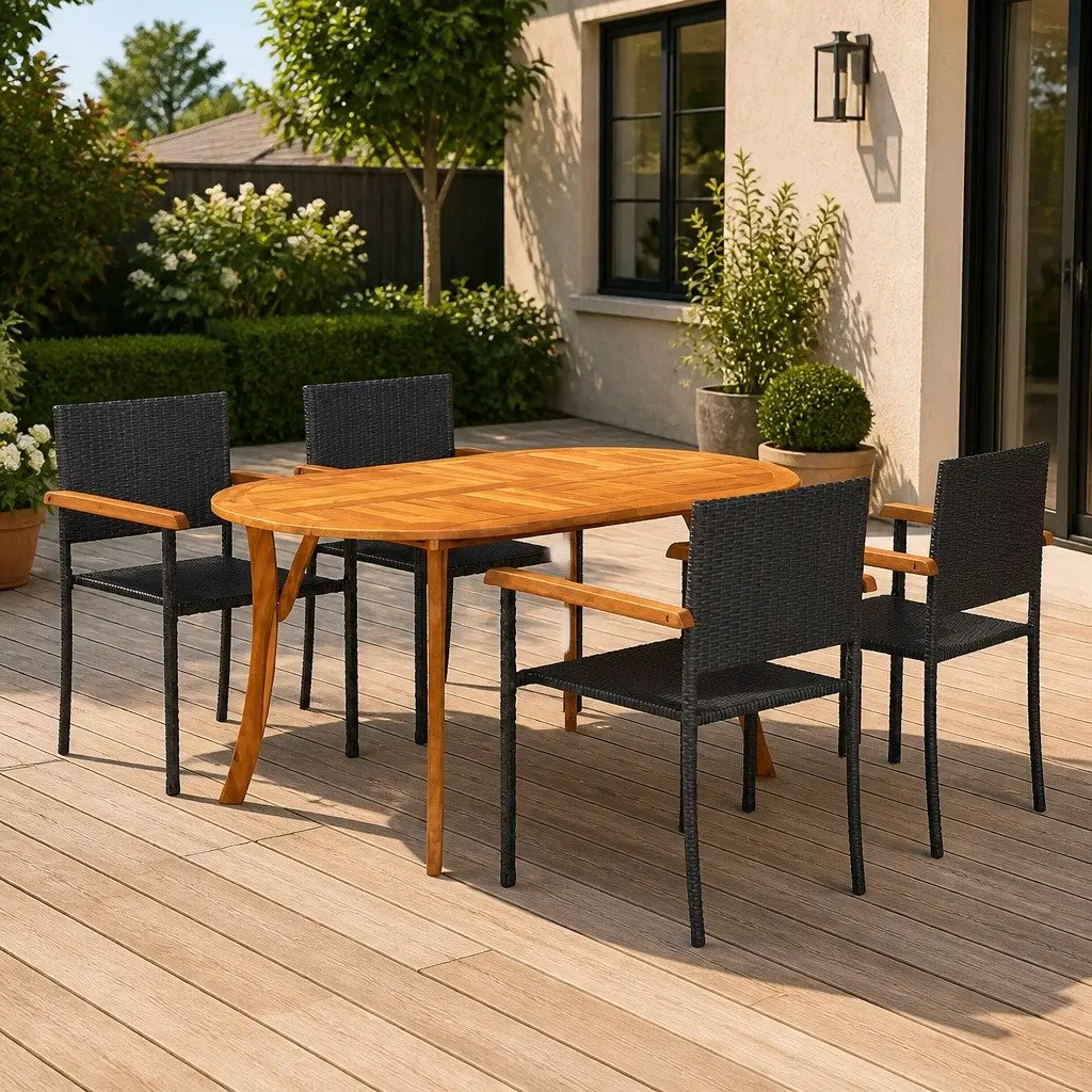 Outdoor Dining Set 5 Piece Acacia Wood Table Weather Resistant PE Rattan Chairs Black