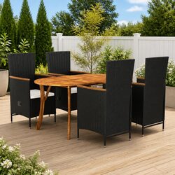 5 Piece Outdoor Garden Dining Set Black Acacia Wood Table Rattan Chairs