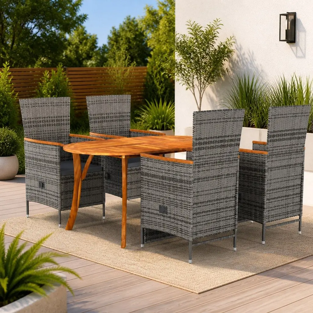 Outdoor Dining Set 5 Piece Garden Table Chairs Grey Acacia Wood Steel Frame