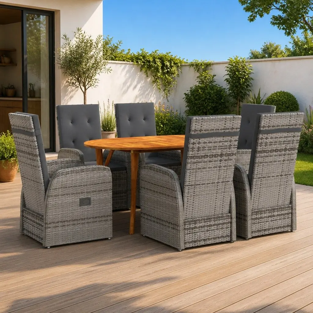 Outdoor Dining Set 7 Pieces Garden Table and Chairs Cushioned Grey Rattan and Acacia Wood Furniture
