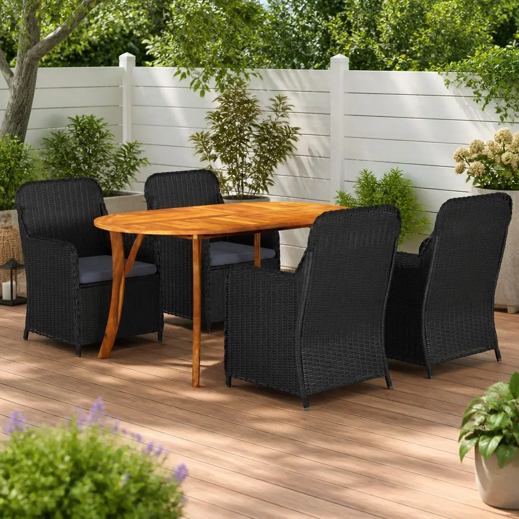 Outdoor Dining Set 5 Piece Black Acacia Wood Table and Chairs with Weather-Resistant Rattan and Cushions