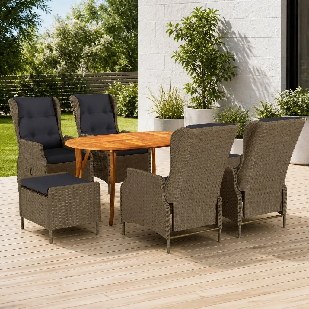 7 Piece Garden Dining Set Outdoor Brown Acacia Wood Table Rattan Chairs