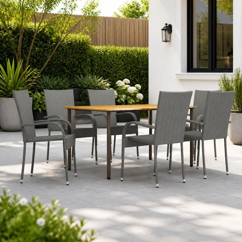 7 Piece Garden Dining Set Outdoor PE Rattan Steel Frame Acacia Wood Table Chairs