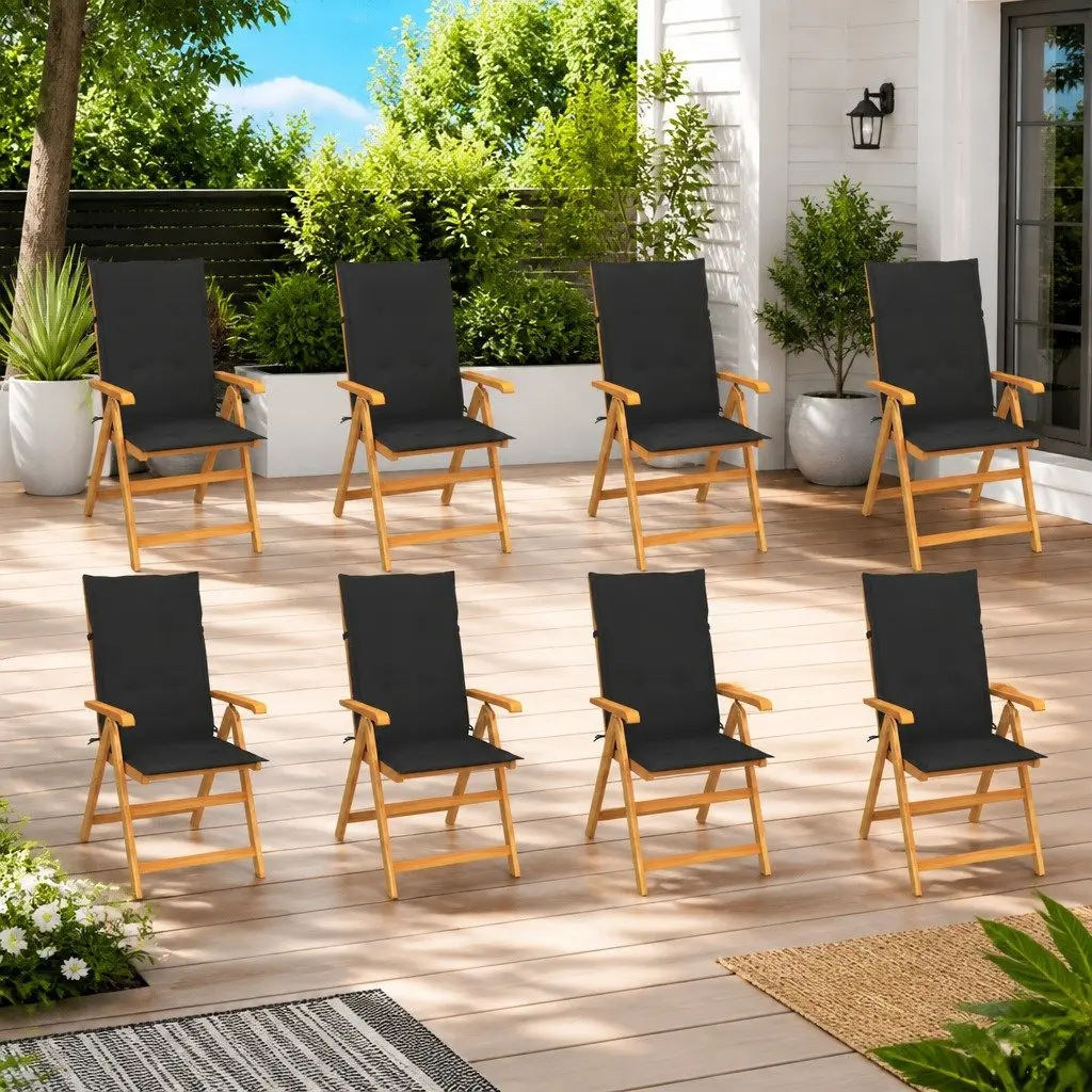 Reclining Garden Chairs Set 8 Pieces Teak Wood Outdoor Seating Black Cushions