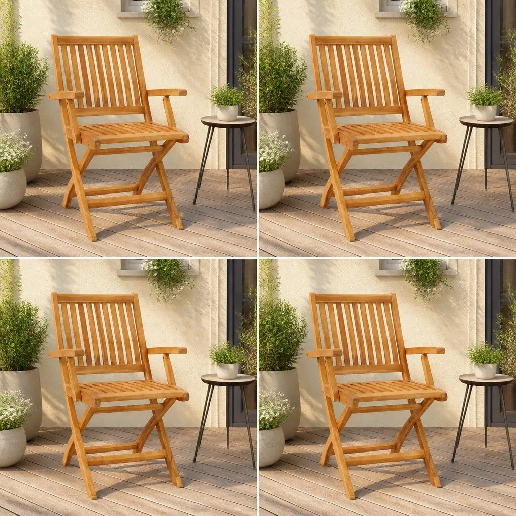 Folding Garden Chairs Set 4 Piece Teak Wood Brown Outdoor Seating