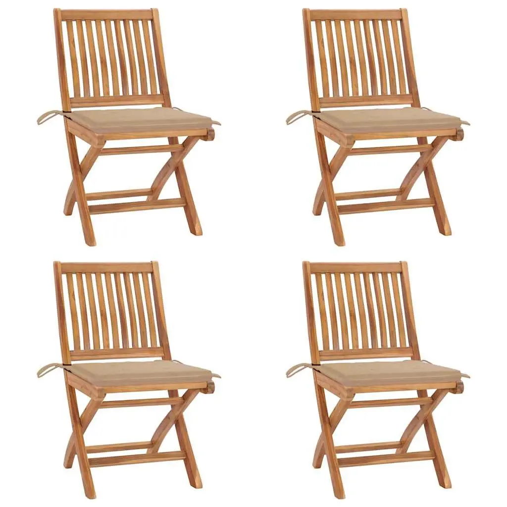 Folding Garden Chairs Set 4 Pieces Outdoor Teak Wood with Cushions Beige