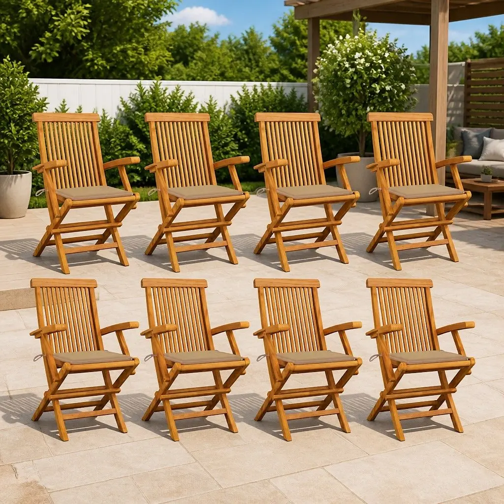 Outdoor Garden Chairs Set 8 Pieces Folding Teak Wood Patio Seating with Beige Cushions