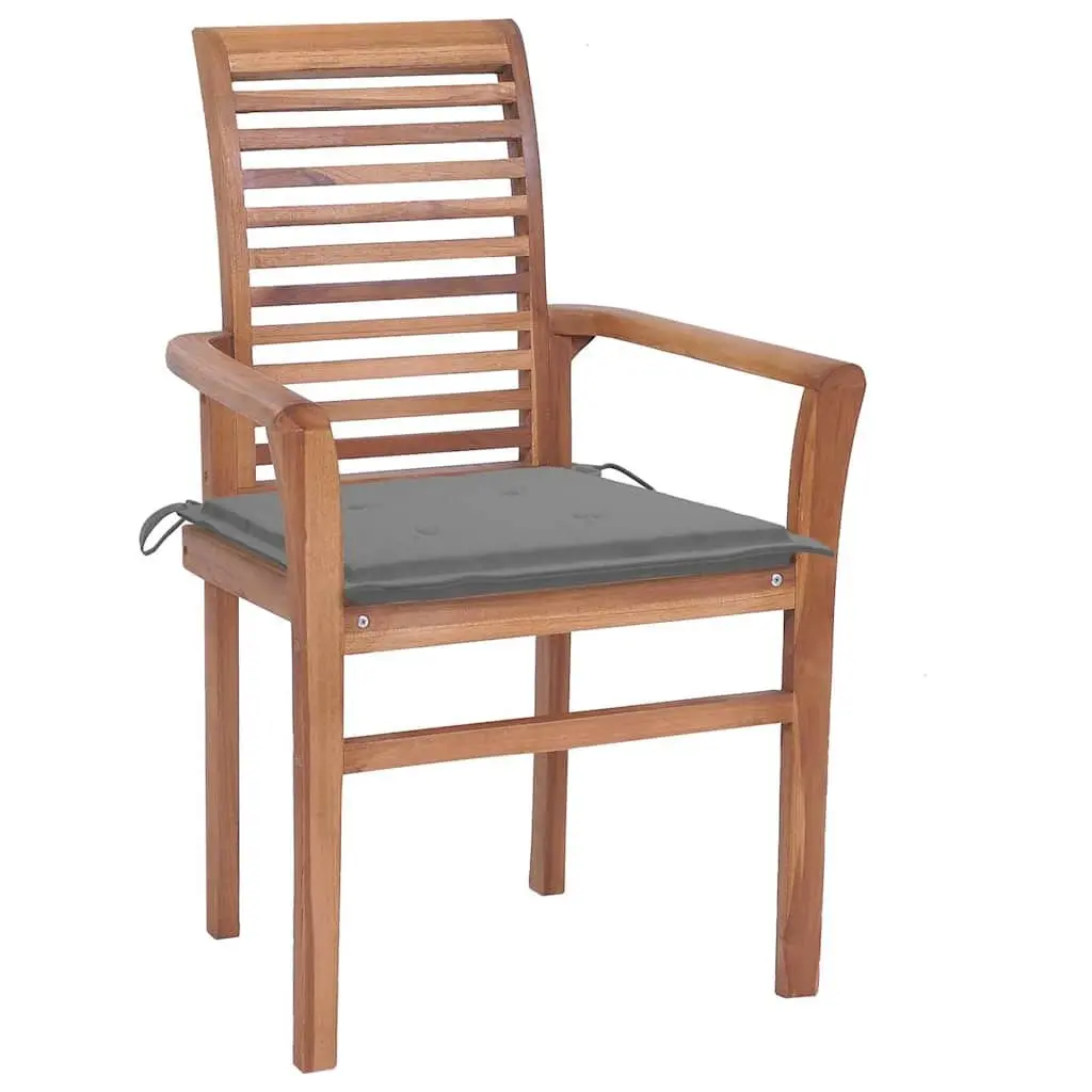 Outdoor Dining Chairs Set 6 pcs Teak Wood Stackable Garden Seating Grey Cushions