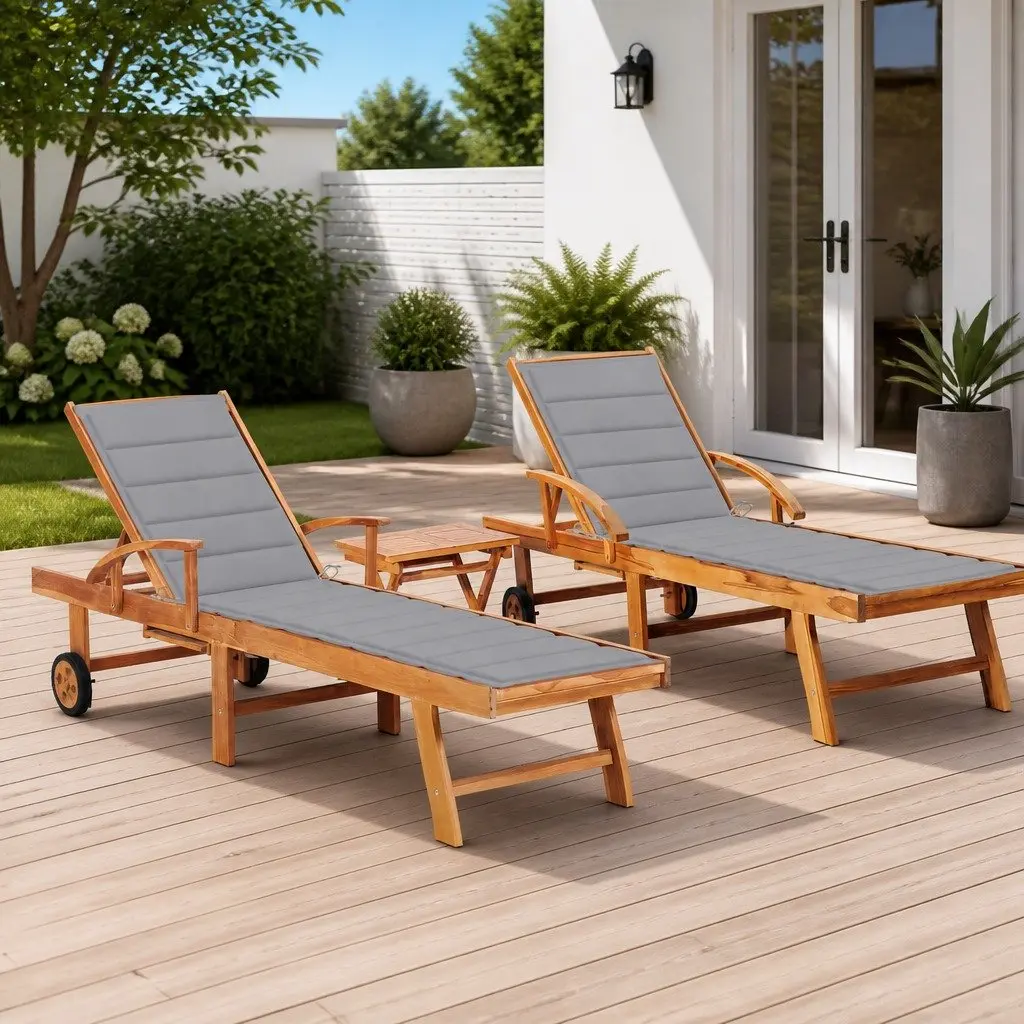 Sun Lounger Set Outdoor Garden Recliner Adjustable Grey Teak Hardwood 2 Piece