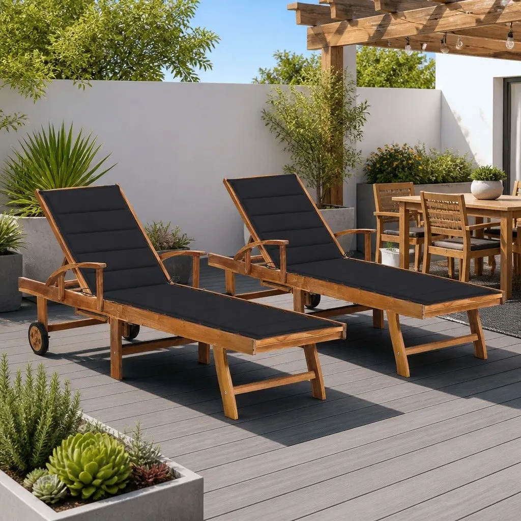 Teak Wood Sun Loungers 2 pcs Adjustable Outdoor Daybed with Anthracite Cushion