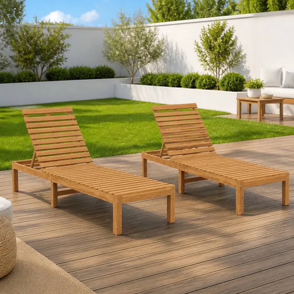 Sun Lounger Adjustable Backrest 2 Piece Solid Teak Wood Outdoor Garden Lounger Brown