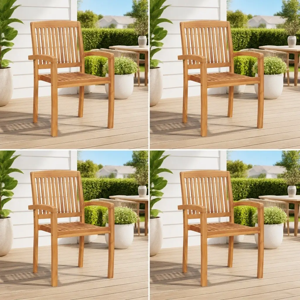 Stacking Garden Chairs Teak Wood Outdoor Patio Furniture 4 Piece Brown