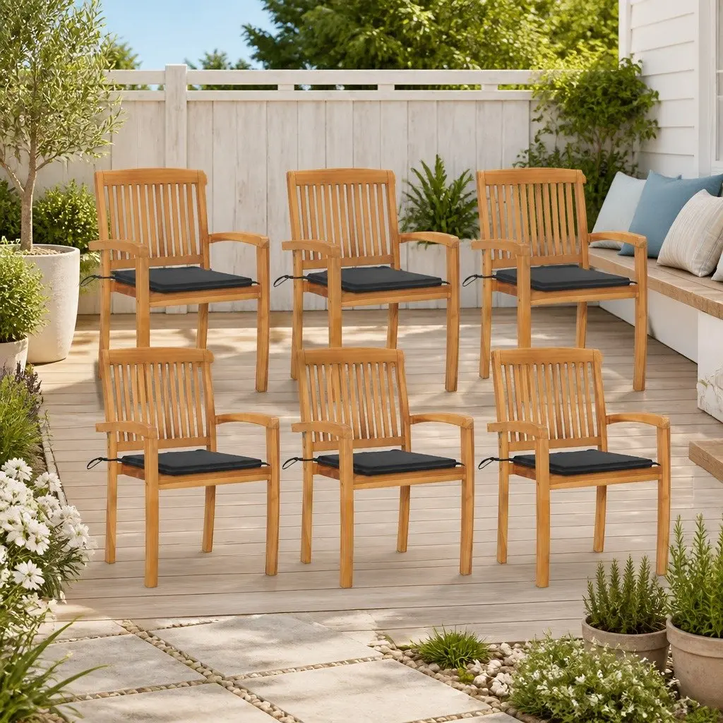 Stacking Garden Chairs Set 6 Piece Teak Wood Anthracite
