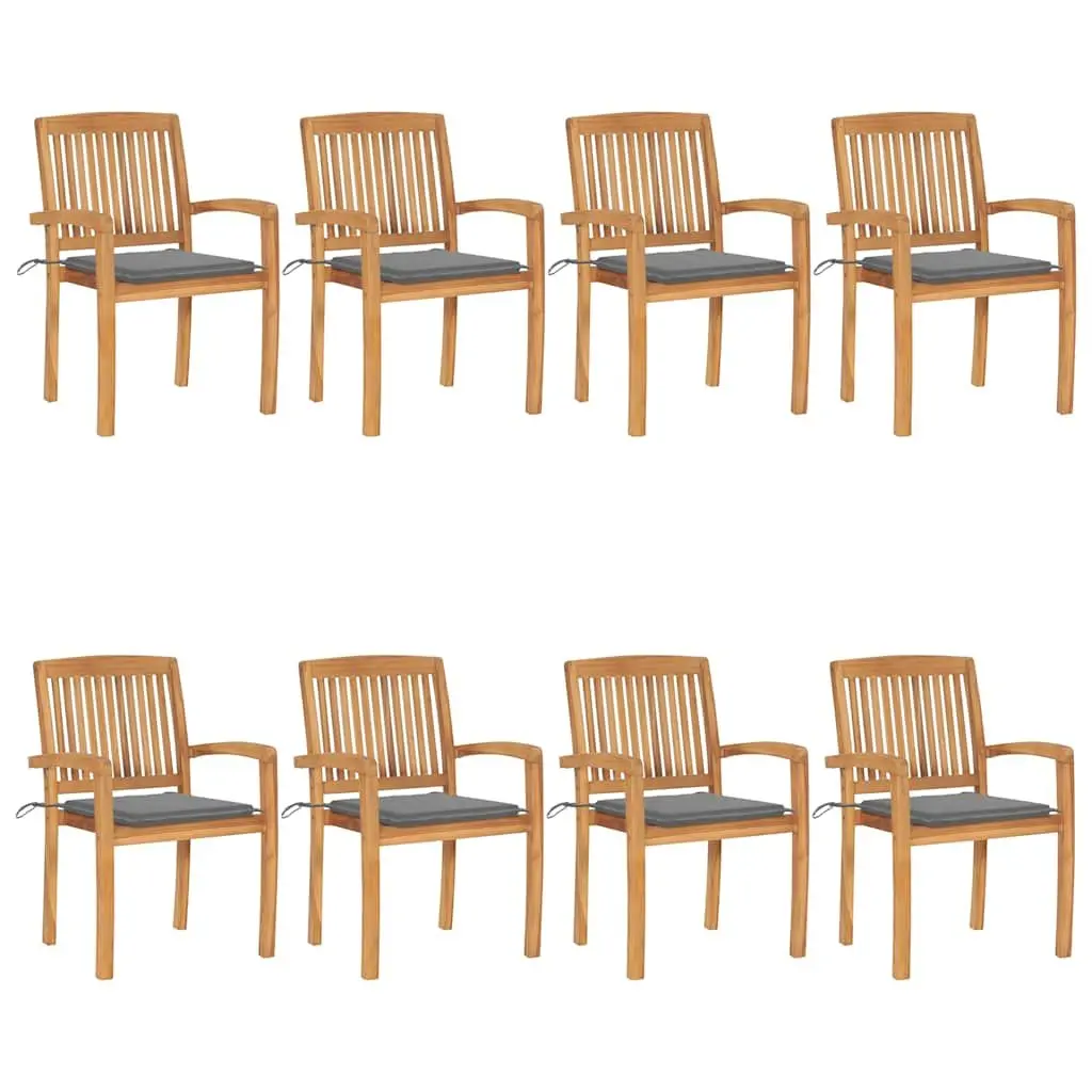 Outdoor Stacking Garden Chairs with Cushions 8 Pieces Teak Wood Grey Patio