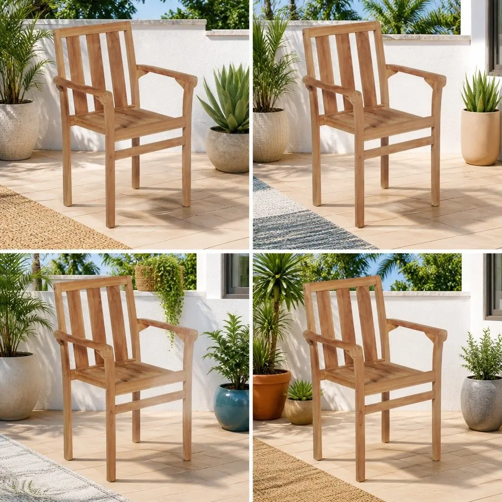 Outdoor Stackable Garden Chairs 4 Piece Set Brown Wooden Seat Patio Furniture