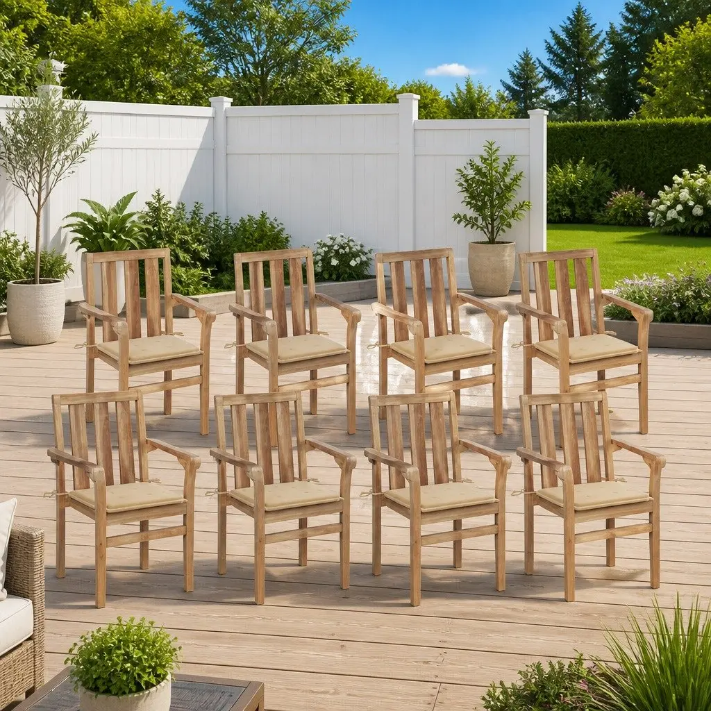 Stackable Outdoor Chairs 8 Piece Set Garden Seating Teak Wood Beige Cushions