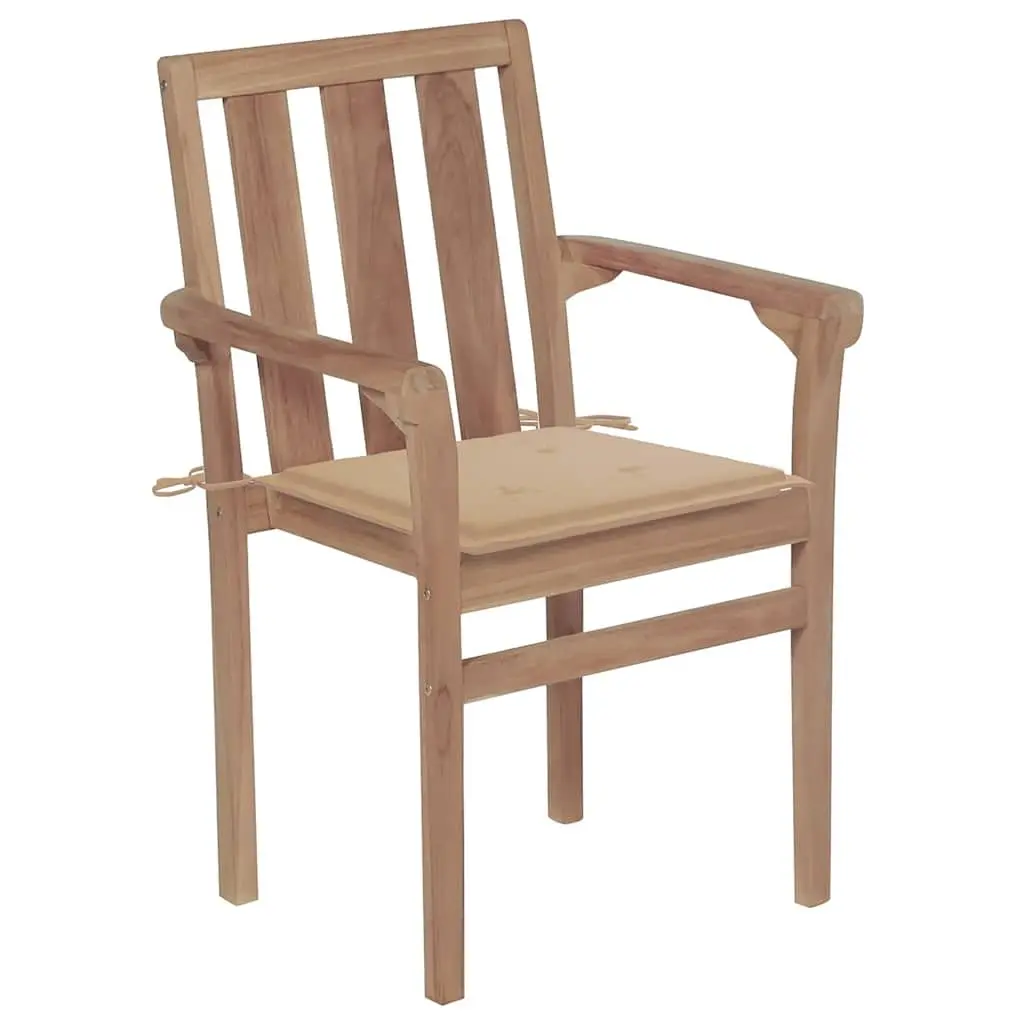 Stackable Outdoor Chairs 8 Piece Set Garden Seating Teak Wood Beige Cushions