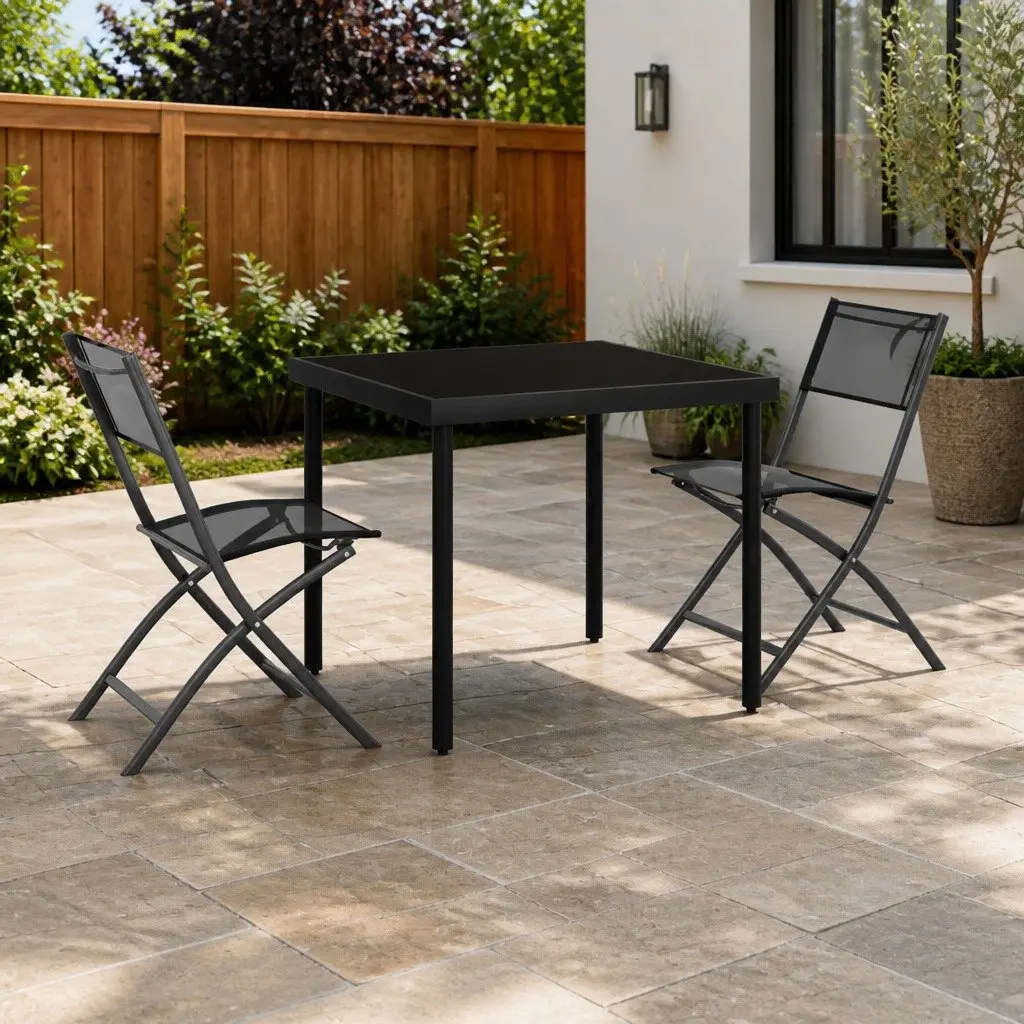 3 Piece Outdoor Dining Set Steel Frame Foldable Chairs Garden Patio Furniture